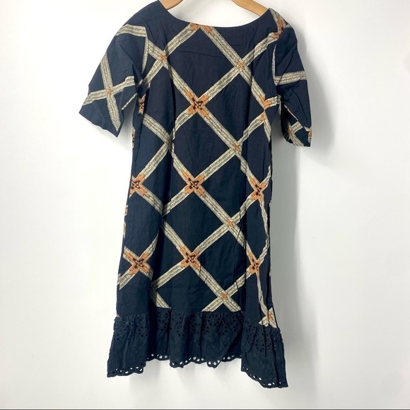 Bombay Paisley cotton linen lace hem short sleeved shift dress M - Picture 4 of 10